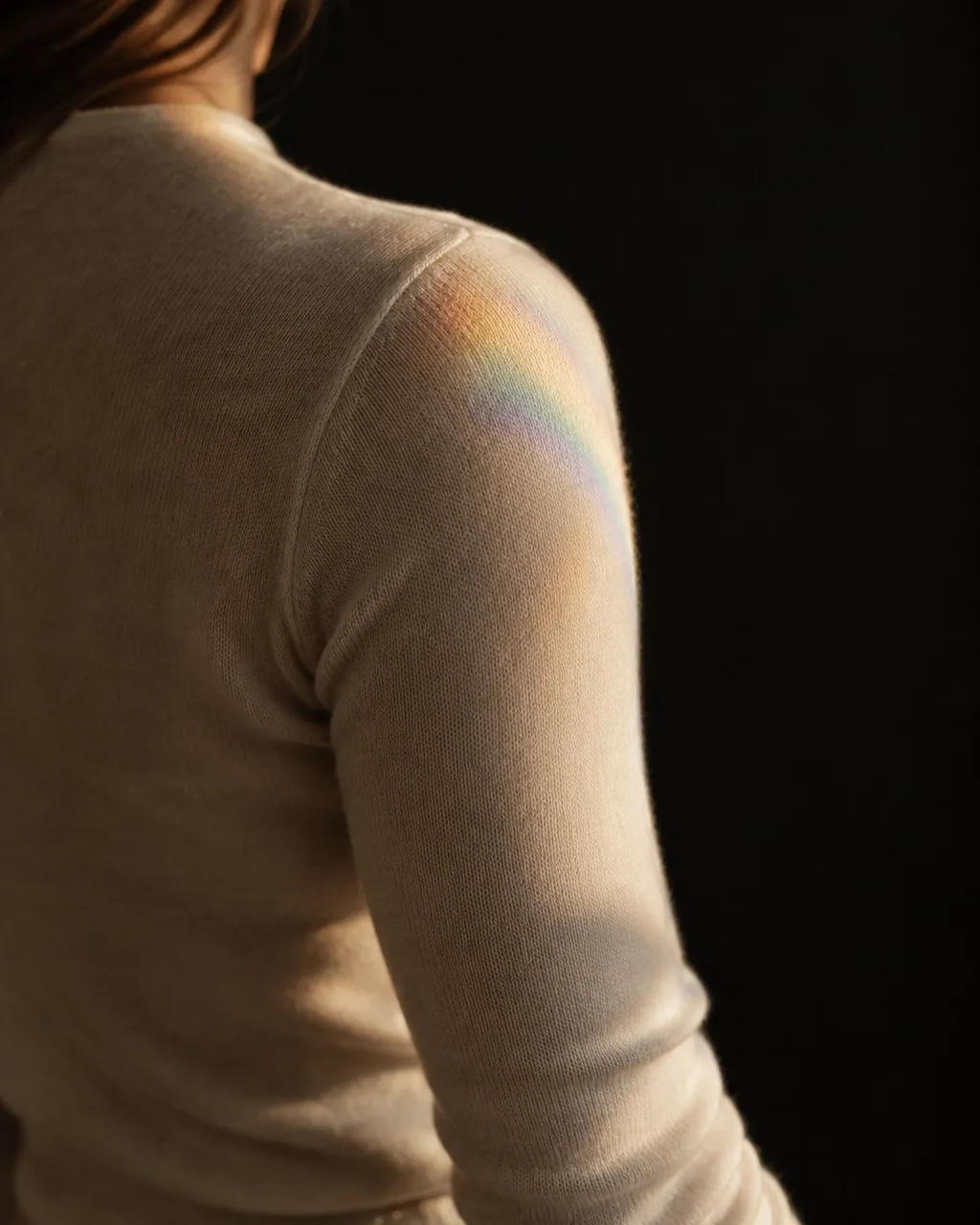 Quiet portrait crop from behind of a shoulder and upper arm in a bone knit top, crossed by prism light