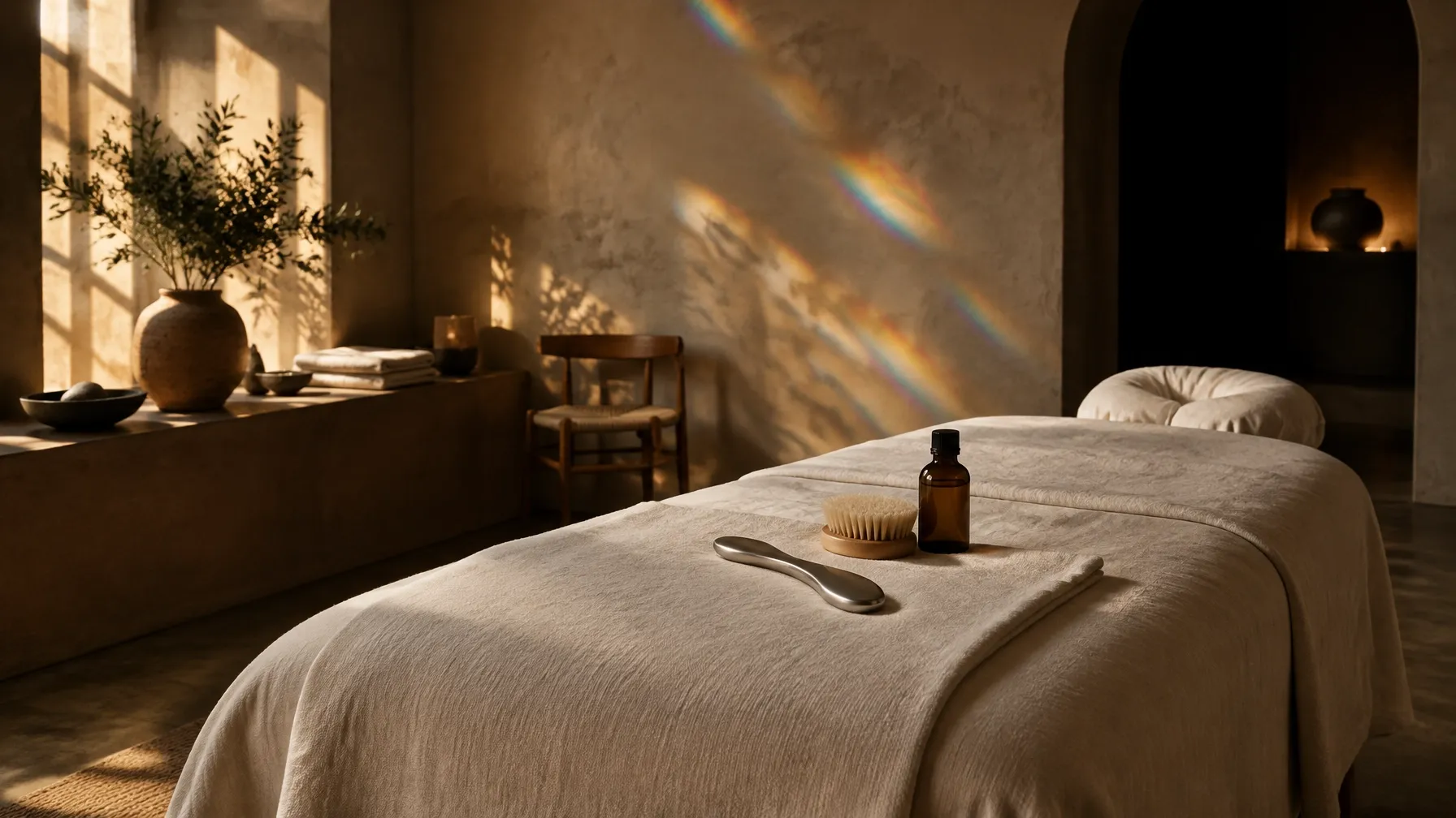 Warm treatment room with a linen-draped table, fascia tool, natural-bristle brush, and amber oil bottle beneath prism light