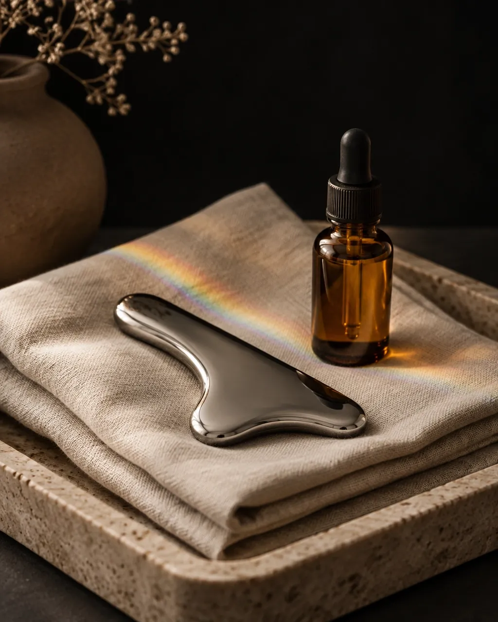 Polished stainless steel fascia tool and amber oil dropper resting on folded bone linen on a stone tray