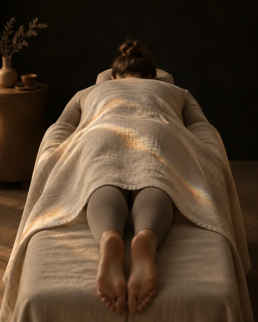 Person seen from behind lying face down on a treatment table in a fitted long-sleeve top and leggings, draped in bone linen with prism light