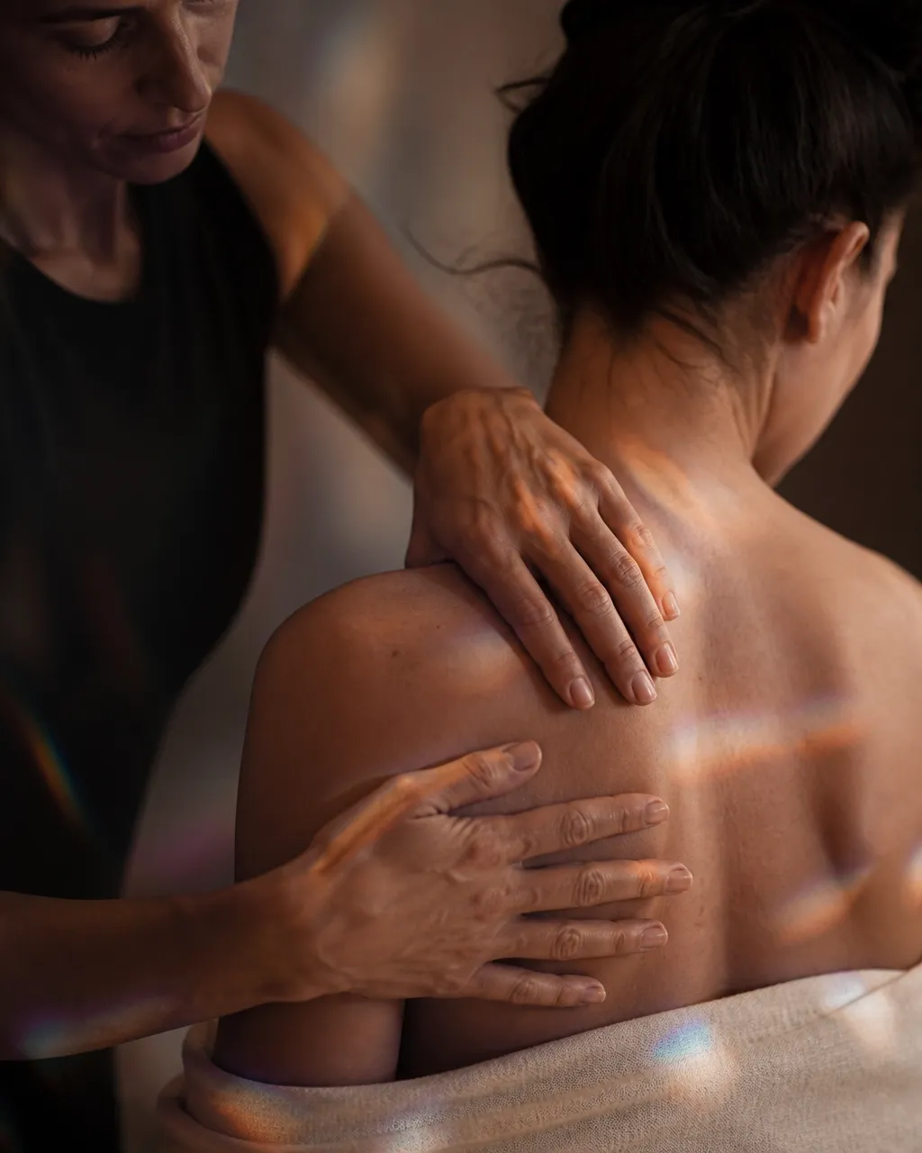 Warm editorial stand-in of a practitioner working with a client in prism light
