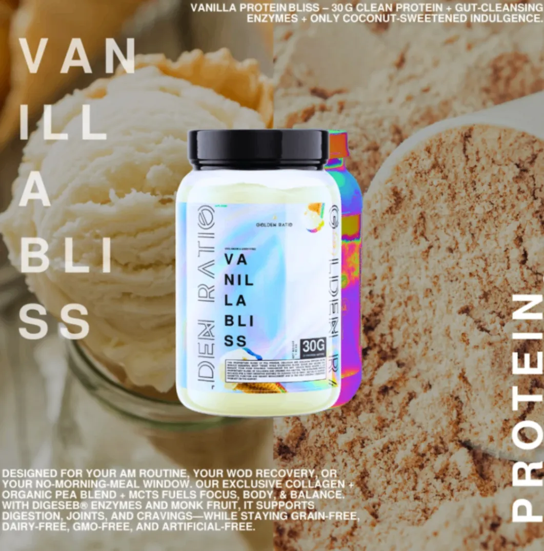 Golden Ratio vanilla protein container with a scoop of protein